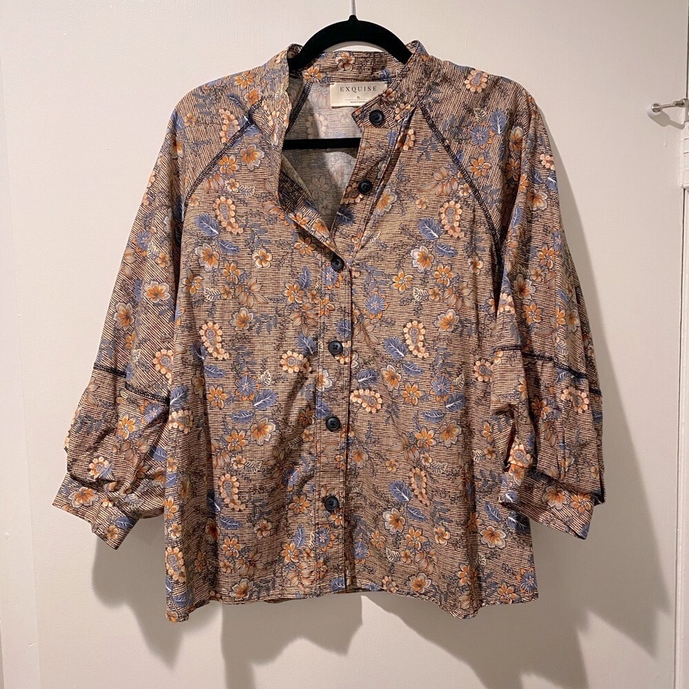 EXQUISE Floral Button-Up Blouse - XL